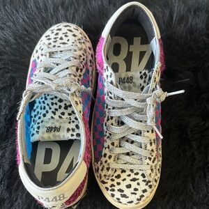 P448 Leopard Print Sneakers with Pink and Blue Accents Like NEW